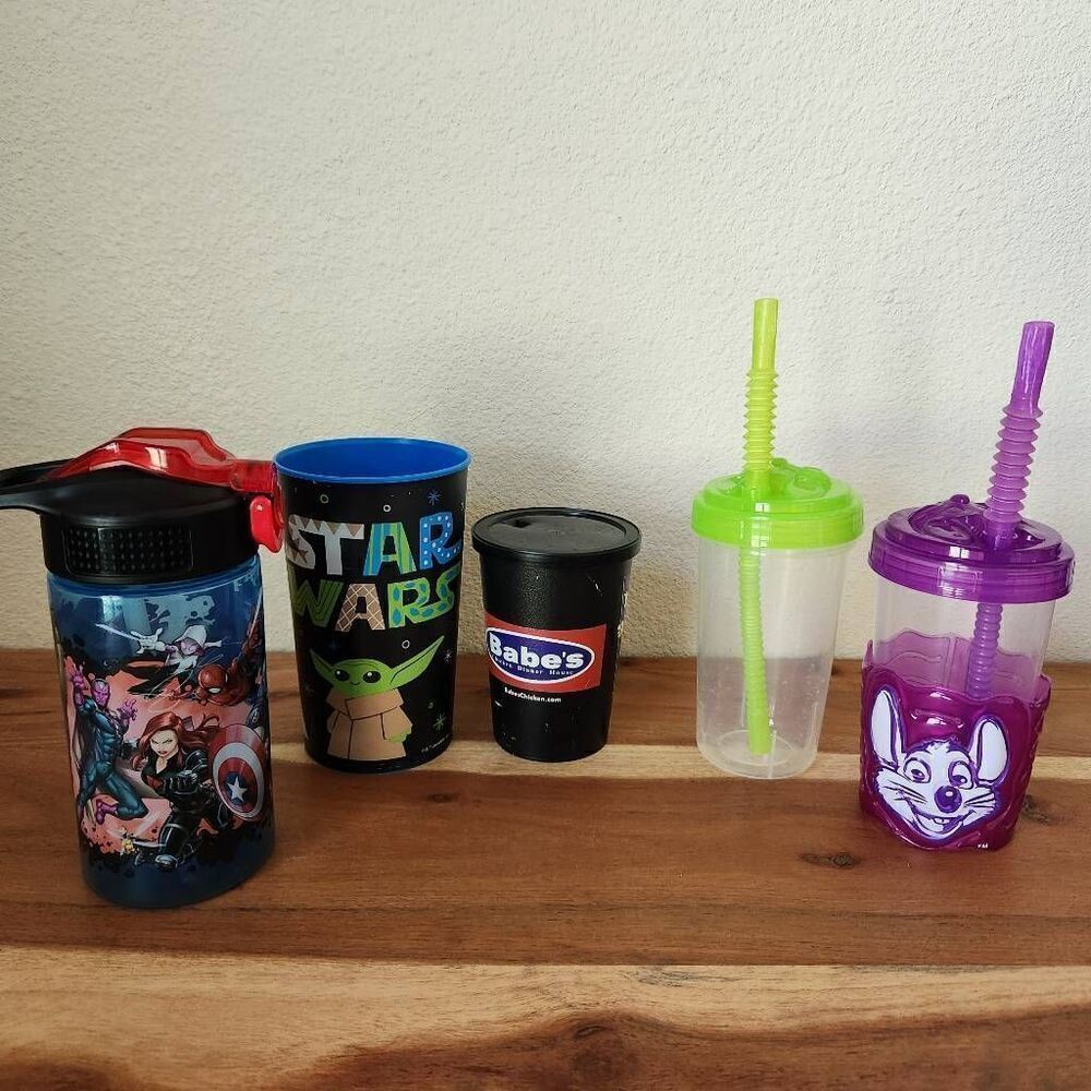 Kids cup bundle Avengers water bottle Chuck e cheese Bubba's chicken